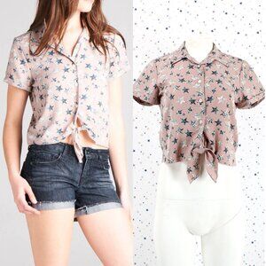 Star Print Short Sleeve Crop Top Self Tie Button Mauve